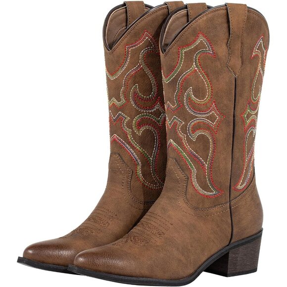 SheSole Western Boots Women Brown Faux Leather Square Toe Wide Mid Calf - Picture 1 of 9